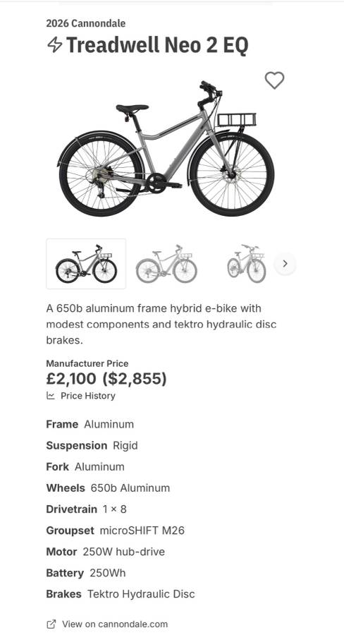 Lightweight Medium (5’4”-6’0”) Cannondale Treadwell Neo 2 EQ E-Bike