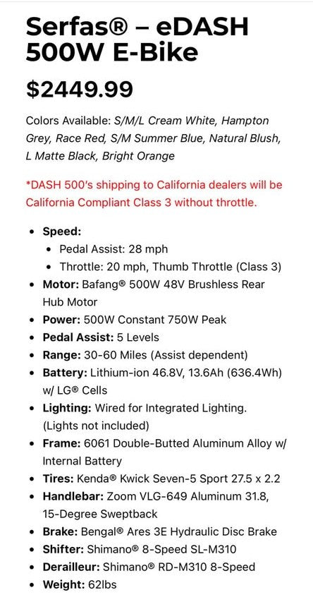 Small, 2025 Serfas eDASH Lowstep 500W Electric Bike, Like New